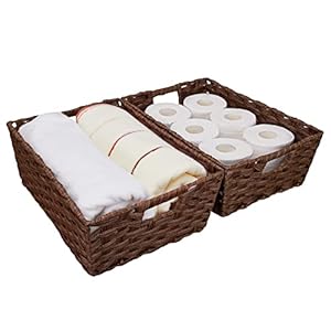 Large Wicker Storage Basket, Metal Frame, Set of 2, Washable Waterproof, 15″ x 10.3″ x 5.2″, Brown Color, Woven Basket for Pantry, Toilet, Bathroom, Bedroom, Patio