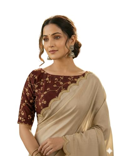 Image of Chinon Silk Saree with Embroidered Blouse, Traditional Georgette Saree, Elephant Embroidery Pattern, V-Neck Design, Free Size, Festival Wear