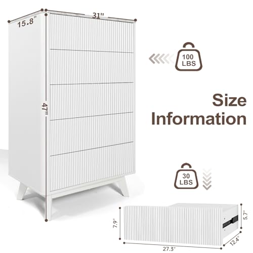 Image of Airynee Fluted 5 Drawers Dresser for Bedroom, 47 inch Tall Handleless Chest of Drawers with Faux Marble Top, Curved Profile Design, Wood Drawer Organizer for Living Room, Hallway, Entryway, White