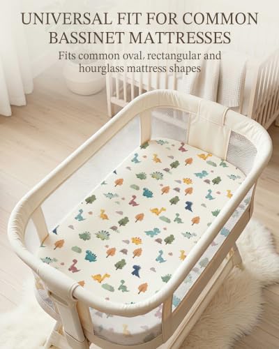 Image of Bassinet Sheets for Baby Girls Boys 2 Pack, Fitted Baby Mattress Sheet for Rectangle, Oval, Hourglass Bassinet Mattress, Breathable Cozy & Universal Fit (Sage Dino, Bassinet Sheet)