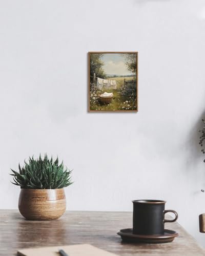 Image of KISSFOX Vintage Framed Wall Art For Laundry Room Decor Country Landscape Pictures Wall Decor Rustic Summer Wildflower Canvas Art Prints Modern Farmhouse Paintings Artwork