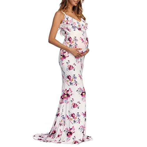 Preisvergleich Produktbild Trada Umstandskleid, Mode Frauen V-Ausschnitt Schwangere Rüschen Fotografie Pflege gedruckt Mutterschaft Camis Kleid Sommer Ärmellos Maxiskit Umstandsmode Freizeit Langer Kleid (XL, Weiß)