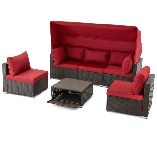 HOMREST 6 Pieces Patio Furniture Sets, Rattan Daybed with Retractable