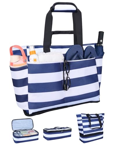 NBERMOTION Beach Bag with Detachable Cooler, 62L Large Beach Bags Waterproof Sandproof for Women, Travel Tote Bag for Family, Gym(Dark Blue