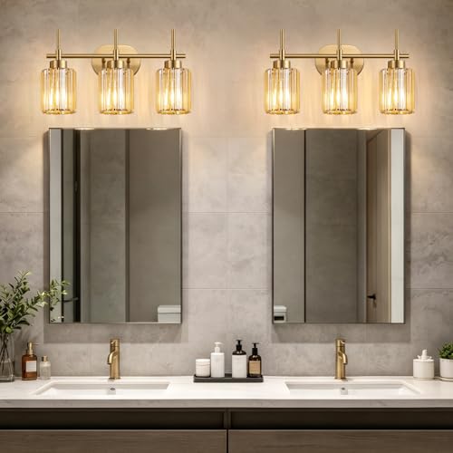 Image of Modern Crystal Bathroom Light Fixtures Over Mirror, 3-Light Brushed Gold Bathroom Vanity Light with Amber Glass Shades, Modern Vanity Lights for Bathroom, E26 Base, Bulbs Not Included