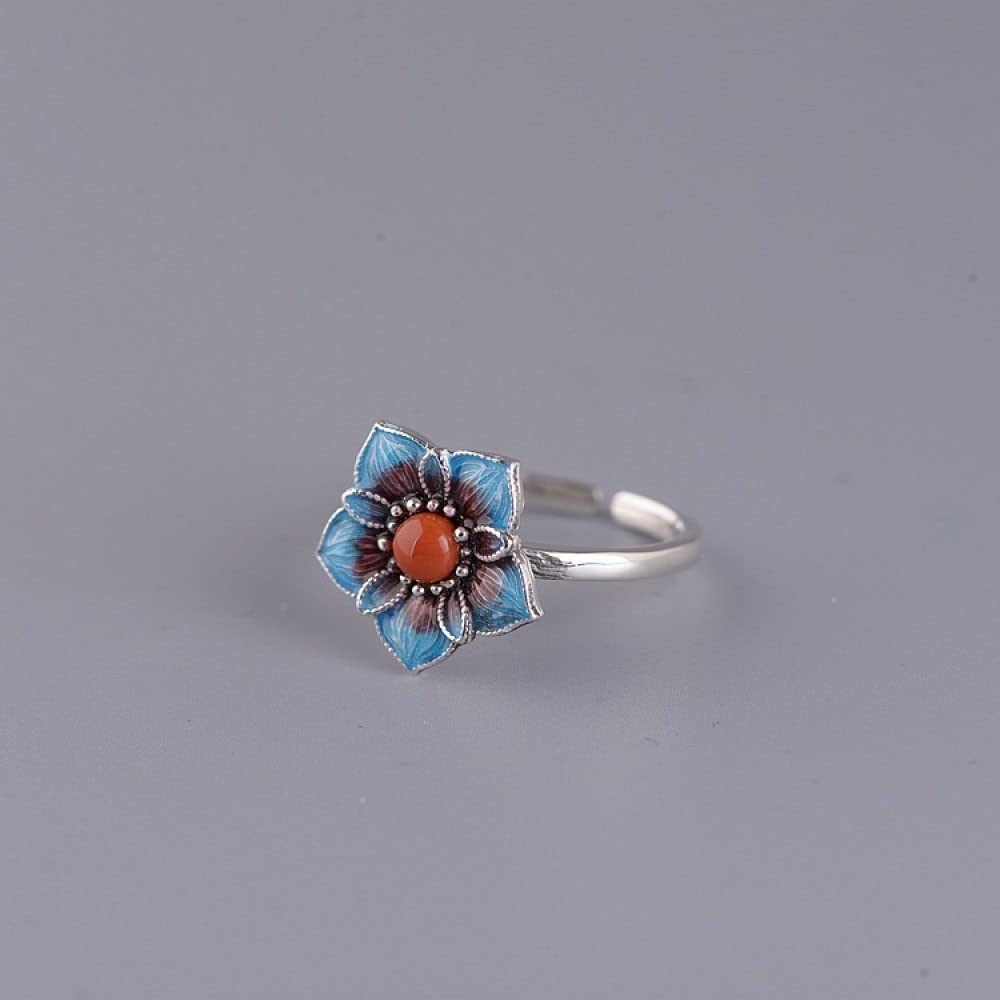Ring Silber 925 Damen, S925 Sterling Silber Cloisonne Blumen Roter Achat Ring Verstellbare Ringe Retro Zeigefinger Ring Silber Ewigkeitsring Hochzeit Charme Schmuck Geschenke Für Männer Mädchen D