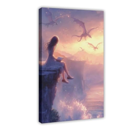 Poster de lecteur dragon et coucher de soleil grand format 50,8x76,2 cm de chambre