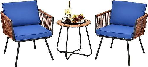 Image of BRISHI Garden Patio Seating Chair and Table Set Outdoor Balcony Garden Coffee Table Set Furniture with 1 Table and 2 Chairs Set with Cushion Braid & Rope (Brown /Blue)
