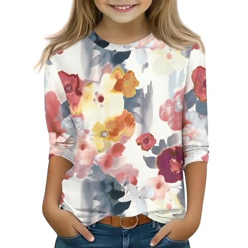 Girls Hawaiian Shirt 3/4 Length Sleeve Trendy Outfits Fall Crewneck Tops Lightweight Elbow Length Sleeve Tops 3-14 Years