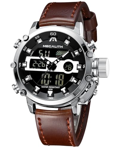 MEGALITH Reloj Digital Hombre Militar: Deportivo Reloj de Pulsera Esfera Grande con Correa de Cuero Marrón   Cronómetro LED Alarma Impermeable para Correr Outdoor Casual