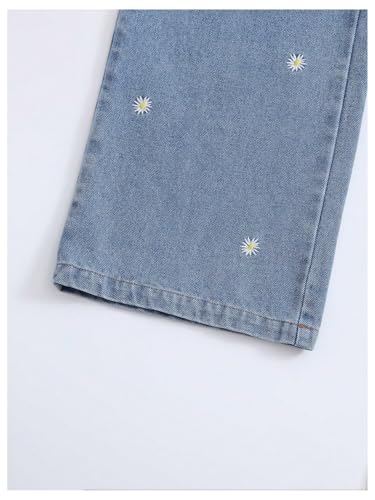 WDIRARA Girl's Floral Embroidery Elastic Waist Wide Leg Long Denim Pants Jeans with Pockets4