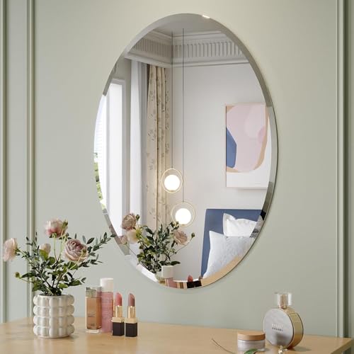Image of Plantex Unframed Unframed Oval Mirror for Wall /Mirror with Beveled Smooth Edges /Mirror for Bathroom /Dressing Room /Living Room /Bedroom /Entryway - (18x12 Inch), White