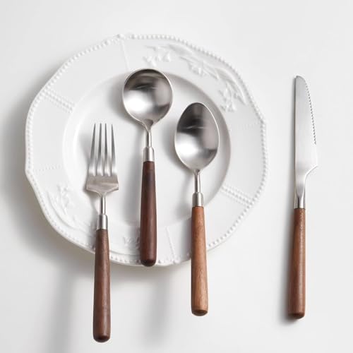 48 Piece wooden silverware set for 12, 18/8 Stainless Steel wooden handle flatware set, Mirror Polished Cutlery Set for home and kitchen, Dishwasher Safe, eating utensils set