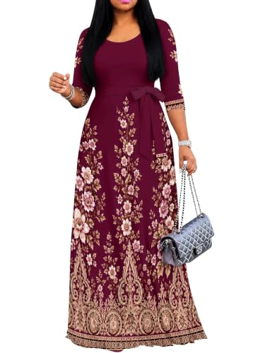 Image of PinkPatty Plus Size Maxi Dress for Women Casual V Neck 3 /4 Sleeve Boho Printed Long Dress with Pockets