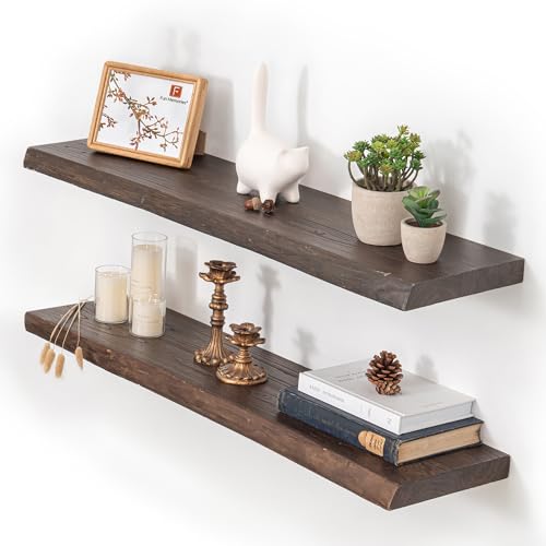 Image of Floating Shelves for Wall, 36 inchx9.3 inch Rustic Solid Live-Edge Elm Wood Wall Shelves, Heavy-Duty Floating Shelves with Invisible Brackets, Set of 2 for Living Room, Bedroom, and Kitchen, Walnut Finish