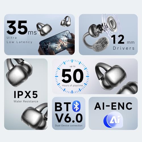 Image of King Lucky Open Ear Earbuds Clip-On Bluetooth 6.0 Wireless Headphones with Mic, 50H Playtime, ENC Clear Calls, IPX5 Waterproof, Comfortable for Small Ears Sports Gaming (Black, Standard)