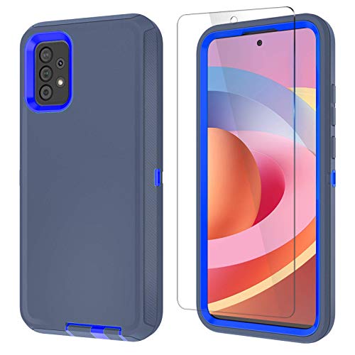 MMY Case for Samsung Galaxy A52 5G/4G Case + Tempered Glass Screen Protector Heavy Duty Shockproof Drop Dust Proof 3 in 1 Defender Blue-Dark Blue