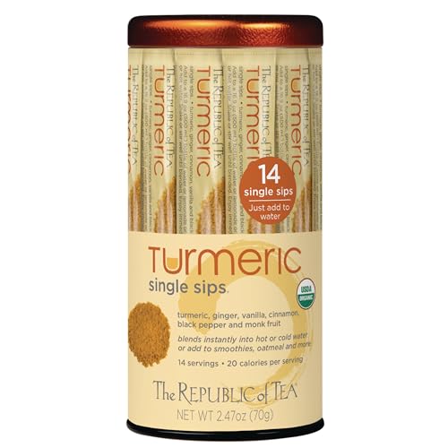 The Republic of Tea Organic Turmeric Single Sips, Instant Turmeric Herbal Tea (14 Single-Serve Packets)