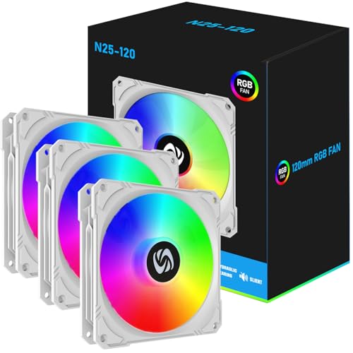 120mm Case Fan 3 Pack RGB Case Fans, N25-120 White Silent 1,200rpm PC Fans, Hydraulic Bearing - White 120mm RGB Fans with 12v 3 pin and molex 4 pin PSU plug Computer Fans for PC Case