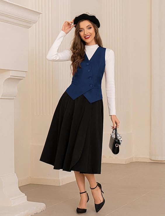 Belle Poque Damen Weste mit Taschen Damen Weste Elegant Ärmellos Tief V-Ausschnitt Arbeit Büro Weste Marineblau S