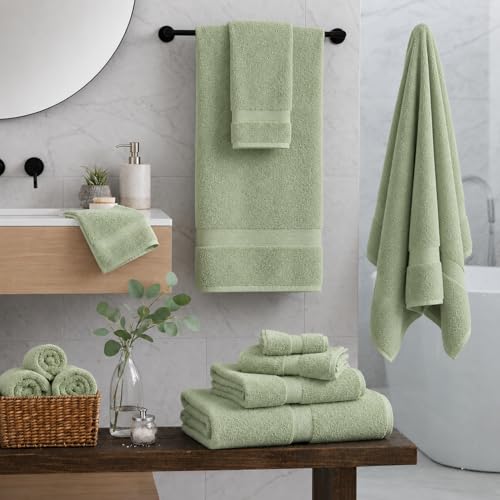 Image of Sulfar 100% Combed Cotton, 6 Pcs Towel Set - 2 Bath Towels (70 x 140 cm), 2 Hand Towels (40 x 70 cm) and 2 Face (30 x 30 cm) (600 GSM, Pack of 6) Nature Green