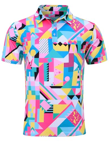 Uideazone Mens Golf Shirt Short Sleeve Colorful Geometry 80S 90S Polo Shirts Slim Fit Casual Performance Polos