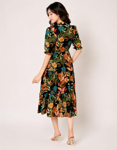 Image of LABEL ADRIJA Pure Cotton Calf Length Midi Dress for Women Floral Print | Flared Anarkali Dress Puff Sleeves