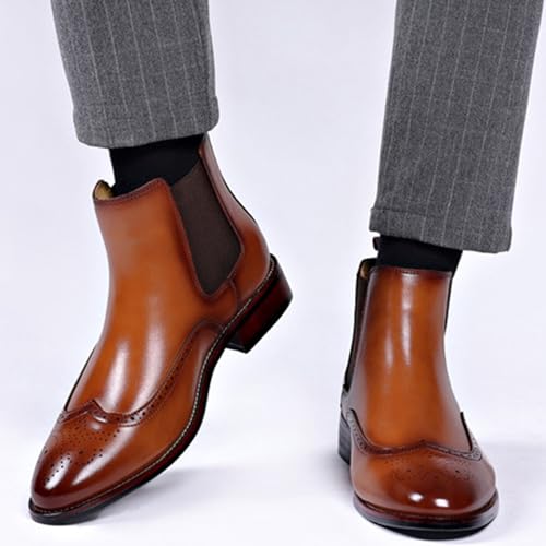 Men's Leather Wingtip Carving Dress Oxford Boots Fashion British Style Pointed Toe Elastic Band Slip On Chelsea Boots Casual Business Formal Ankle Boots4
