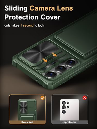 Image of Vihibii for Samsung Galaxy S25 Ultra Case with Card Holder (4 Cards), RFID Blocking & Slide Camera Cover, Military Grade Drop Protection, Rugged Hard Back & Silicone Edge Wallet Case, 6.9 inch 2025, Green