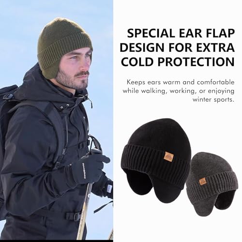 Image of TOP-EX DryKnit Unisex 80% Merino Wool Waterproof Beanie with Ear Flap Warm Winter Fleece Lined Beanie Hat M /L /XL