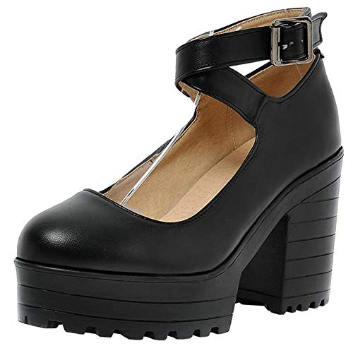 Agodor Women's Platform Strappy Mary Janes Goth High Heel Dress Shoes Round Toe Gothic Chunky Pumps (US 7, Black) - Main Image