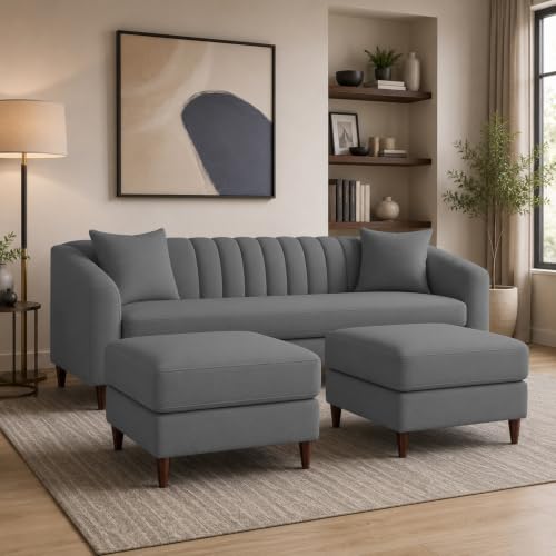 Image of Doraldo 3 Seater Sofa Set with 2 Ottoman for Living Room (Dark Grey) Premium Fabric Sofa