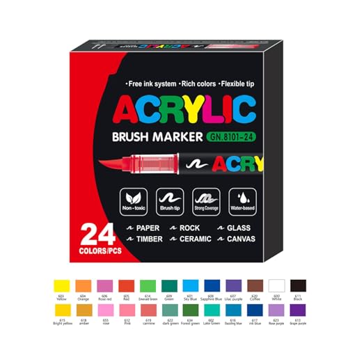 Image of TERRIFI Acrylic Pens Soft Brush Tip Acrylic Markers 24 Colors Ideal for Canvas, Rock Painting, Wood, Stone, Glass, Ceramic, Fabric Painting, DIY Crafts, Multicolor