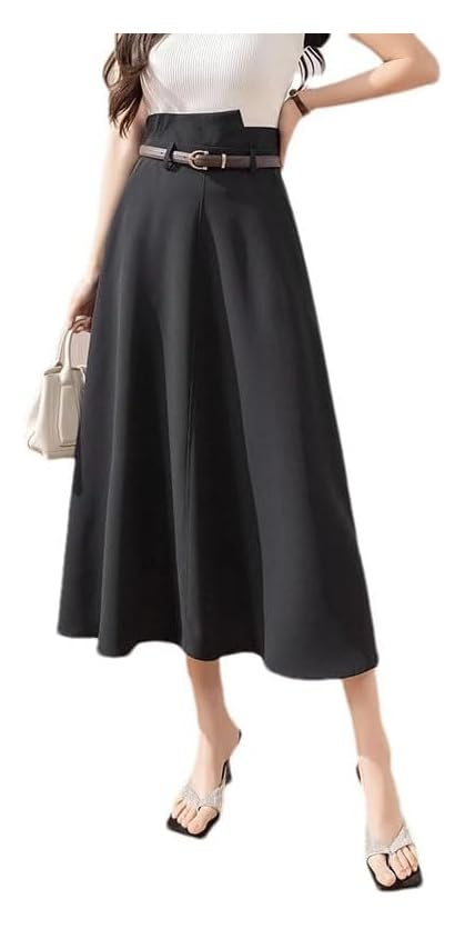 Women's High Waist A-Line Midi Skirt Solid Office Casual Fall Vintage Pull On Skirt