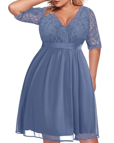 Image of Pinup Fashion Plus Size Lace Chiffon Wrap V Neck Dresses Women Cocktail Wedding Guest Midi Dress