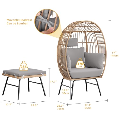 DWVO Outdoor Egg Chair with 2-in-1 Footrest, Patio Wicker Basket Chair with Ottoman, Indoor Egg Chairs with Cushion, Boho Cocoon Chair for Outside, Bedroom, Grey