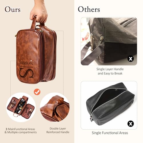 Personalized Leather Toiletry Bag for Men - Double Layer Reinforced Handle,Large Water Resistant Shaving Dopp Kit,Travel Essential,Wedding Groomsmen Gift2