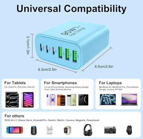 Image of 90W GaN USB C Charger Block [3 Pack],6-Port USB C Wall Charger Fast Charging 45W PD Power Adapter for MacBook Air /iPad Pro /iPhone 17Pro Max /Samsung Galaxy S24 Ultra /Tabs for Home Travel