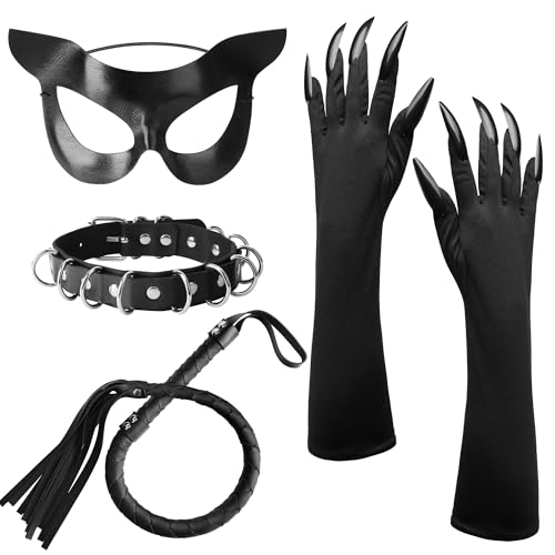 QIZHIQIAMY Katzenkostüm Damen, 4 Stück Halloween Kostüm Damen Katze, Katzen Accessoires Damens mit Katzenmaske, Handschuhen, Peitsche, Halskette...