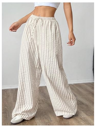GORGLITTER Women's Striped Wide Leg Casual Pants Oversized Drawstring Waist Baggy Trousers2