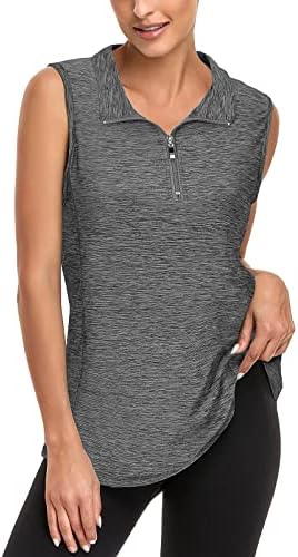 Viracy Women's Golf Clothing, Feminine Zip Up Running Hiking Workout Tank Tops Sleeveless Quick Dry Athletic Polo Shirts Dark Grey Large