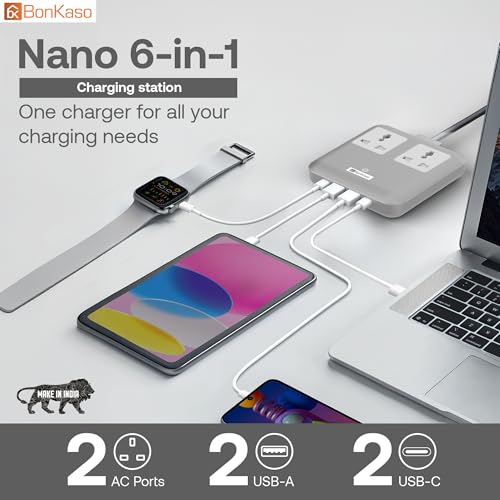 Image of BonKaso Nano 6-in-1 67W GaN Fast Charging Station with 2 AC Outlets, 2 USB-C & 2 USB-A Ports | Ultra Slim Portable Power Hub | Multi-Layer Protection | 330g | 11.8x10.5x2 CM (Grey)