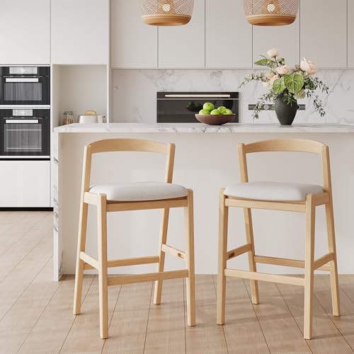 Christopher Knight Home MATA Butaco de Madera Rubberwood Juego de 2, Butaco Tapizado en Tela Beige, Silla de Altura de Mostrador para Isla de Cocina con Reposapiés, Natural + Beige miniatura 1