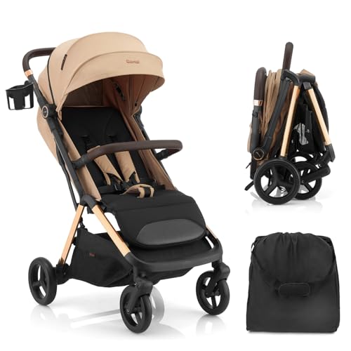 Image of Gromast 2 in 1 Baby Stroller, Portable Travel Newborn Toddler Stroller with Cup Holder & UPF 50+ Canopy, One-Hand Automatic Folding - Khaki