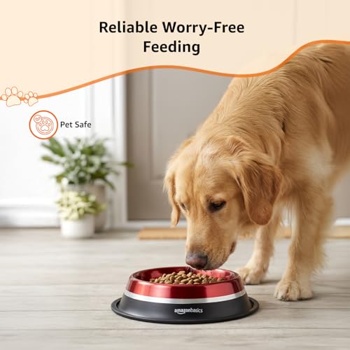 Image of Amazon Basics Stainless Steel Pet Feeding Bowls for Dog & Cats | Anti Slip Base | 2 Pcs Set | Canister & Dog Bowl in Double tonned | Canister 1000 ml & Dog Bowl 900 ml