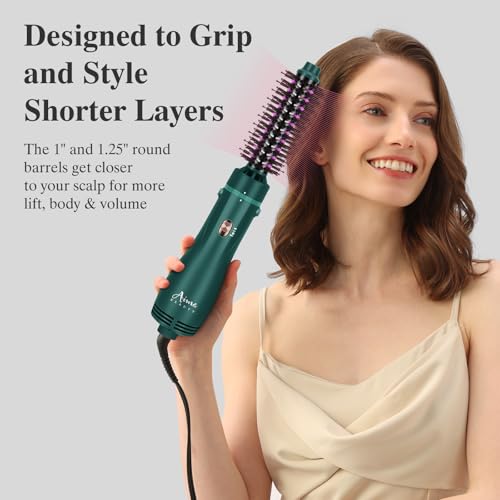 Image of Aima Beauty Blow Dryer Brush Set - 4-in-1 Round Brush Blow Dryer Adds Shine, Smooth, Curl & Volume for Short to Medium Hair, Interchangeable 1 inch & 1.25 inch Round Barrel, Ionic Frizz Control, Dark Green