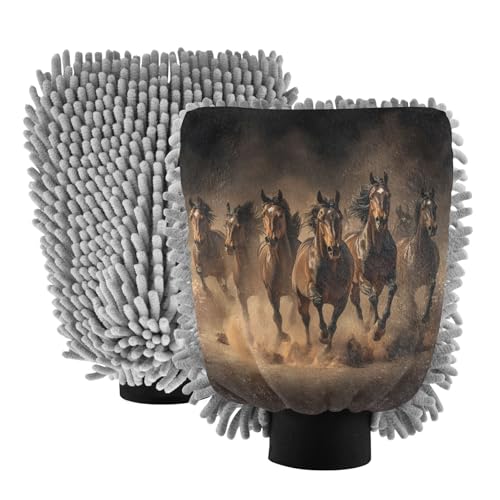 Flradish 2 Pack Running Horses Car Wash Mitt Chenille Microfiber Lint-Free Scratch Free Ultra-Soft Absorbent Car Wash Mitt 11.8x8.07 Inch