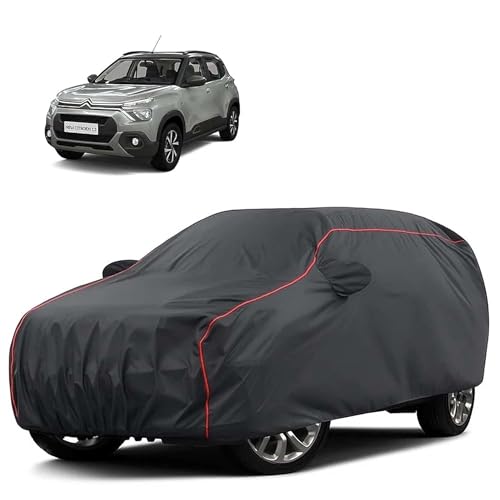 Image of Sulfar 100% Water Resistant Car Body Cover Compatible with Mirror for CITROEN C3 (Triple Stitched, Full Bottom Elastic, Dark Grey Tafetta with Red Piping)