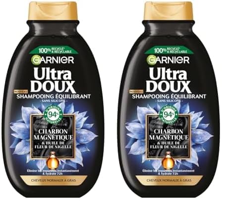 Garnier Ultra Doux - Shampooing Hydratant & Équilibrant au Charbon Magnétique & Fleur de Nigelle - Pour Cheveux Normaux à Gras - 250 ml (Lot de 2)