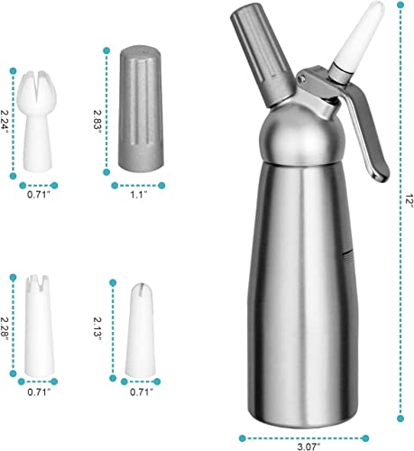 Image of THW Aluminium Cream Whipper | Professional Whipped Cream Dispenser Canister - 500 mL | Ideal for Home, Cafe, Hotel & Restaurant Use | Includes 3 Nozzles, Charger Holder & Whipper Valve Brush